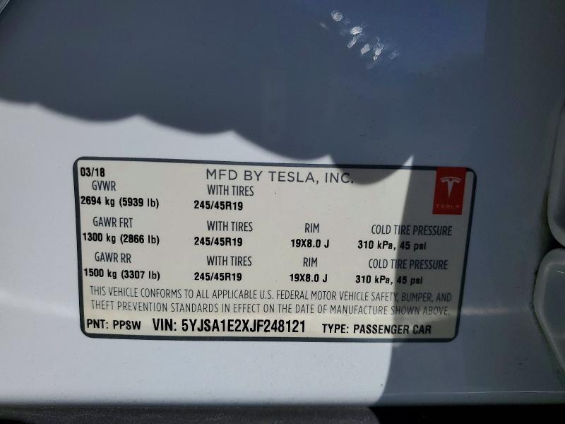 47127946 :رقم المزاد ، 5YJSA1E2XJF248121 vin ، 2018 Tesla Model S مزاد بيع