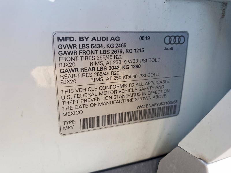 2019 Audi Q5 მანქანა იყიდება აუქციონზე, vin: WA1BNAFY3K2109955, აუქციონის ნომერი: 46946986