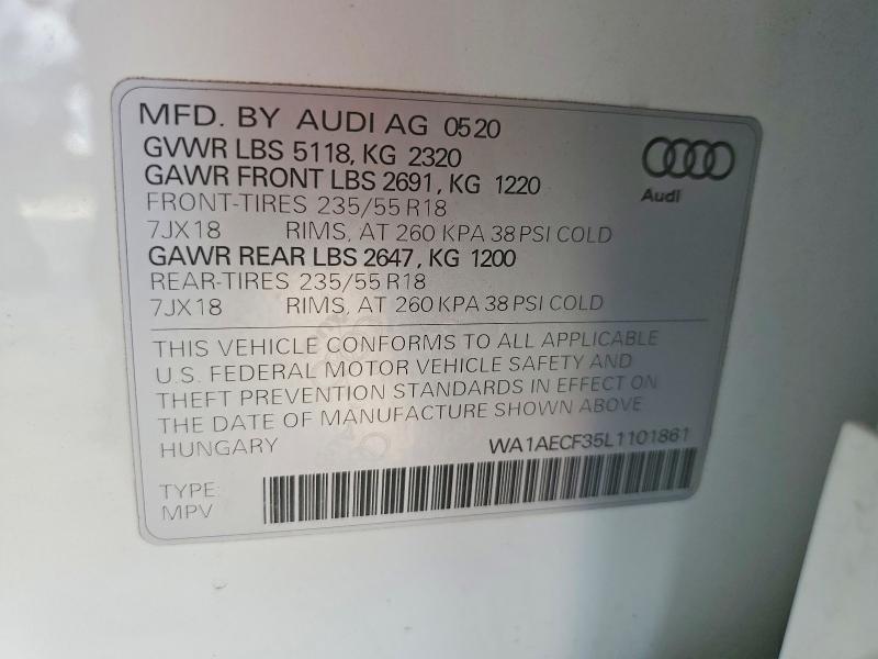 47585856 :رقم المزاد ، WA1AECF35L1101861 vin ، 2020 Audi Q3 مزاد بيع