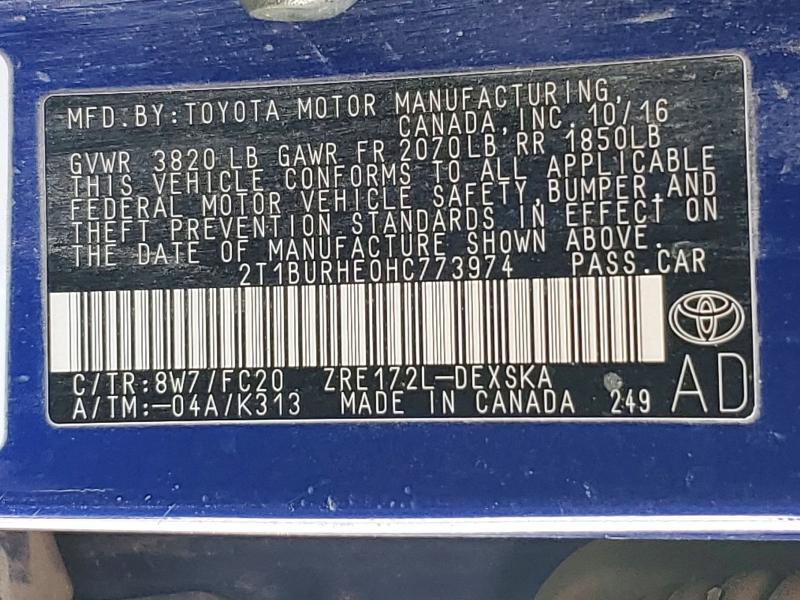 Продаж на аукціоні авто 2017 Toyota Corolla, vin: 2T1BURHE0HC773974, номер лоту: 46039476