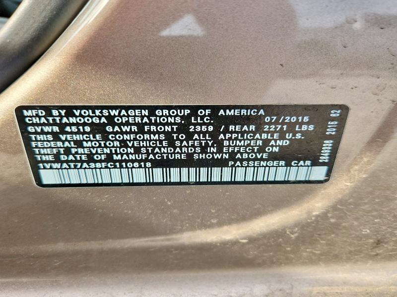 48143426 :رقم المزاد ، 1VWAT7A38FC110618 vin ، 2015 Volkswagen Passat مزاد بيع