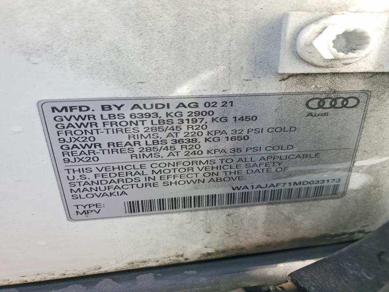 Aukcja sprzedaży 2021 Audi Q7, vin: WA1AJAF71MD033173, numer aukcji: 48149036