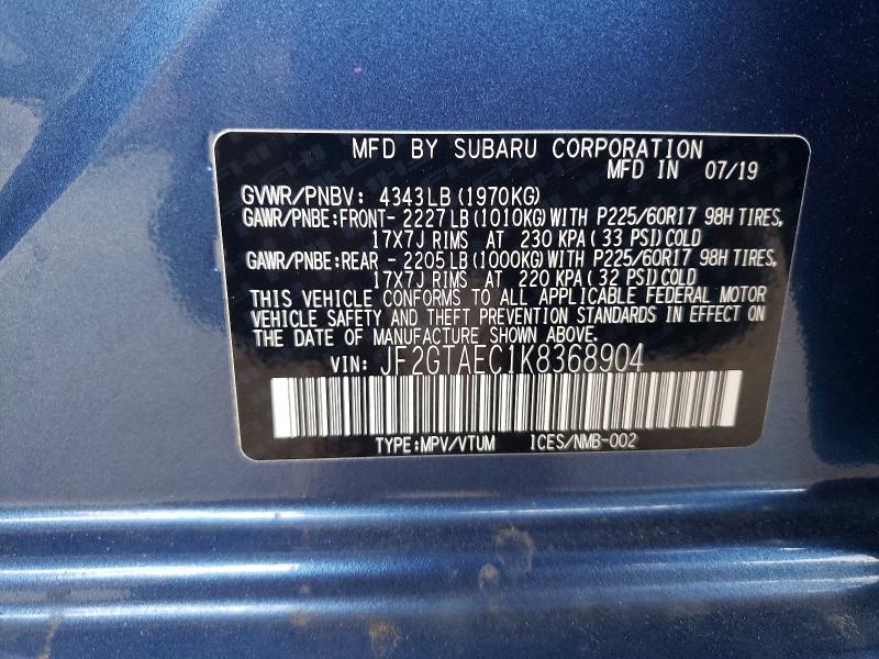 48157736 :رقم المزاد ، JF2GTAEC1K8368904 vin ، 2019 Subaru Crosstrek مزاد بيع