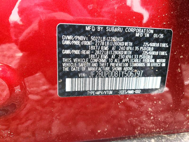 2026 Subaru Outback მანქანა იყიდება აუქციონზე, vin: JF2BUPDD8TY506797, აუქციონის ნომერი: 46320376