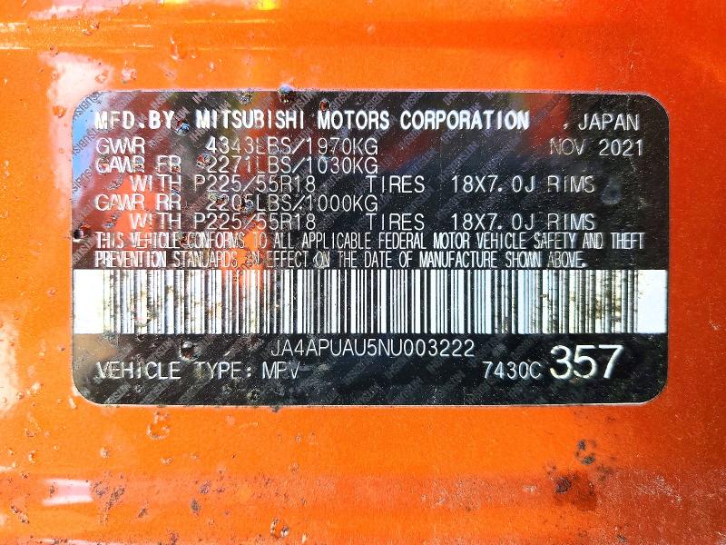 2022 Mitsubishi Outlander Sport მანქანა იყიდება აუქციონზე, vin: JA4APUAU5NU003222, აუქციონის ნომერი: 79131795