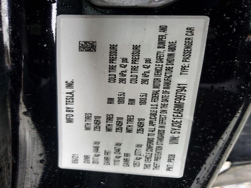 41657786 :رقم المزاد ، 5YJ3E1EA6MF997941 vin ، 2021 Tesla Model 3 مزاد بيع