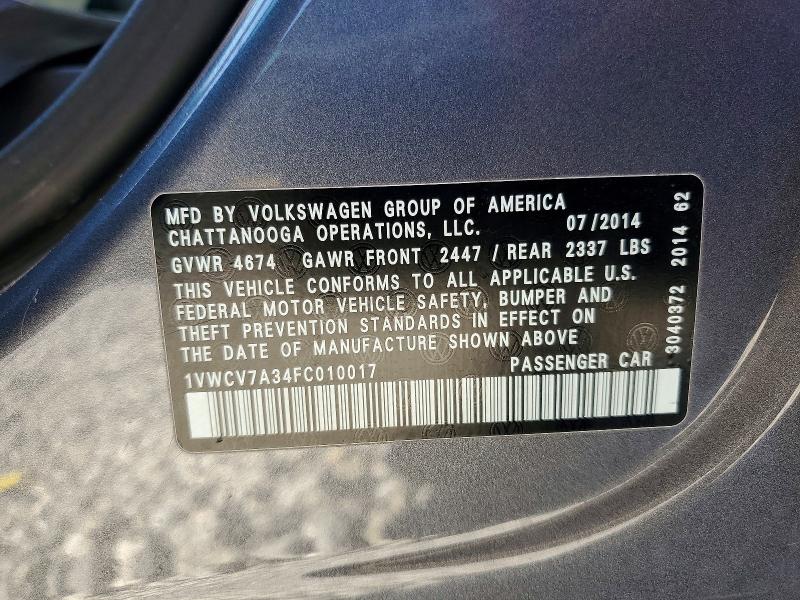 46710806 :رقم المزاد ، 1VWCV7A34FC010017 vin ، 2015 Volkswagen Passat مزاد بيع