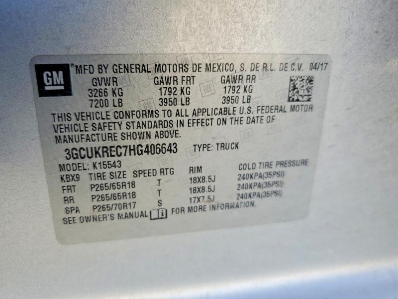 Продаж на аукціоні авто 2017 Chevrolet Silverado, vin: 3GCUKREC7HG406643, номер лоту: 46514246