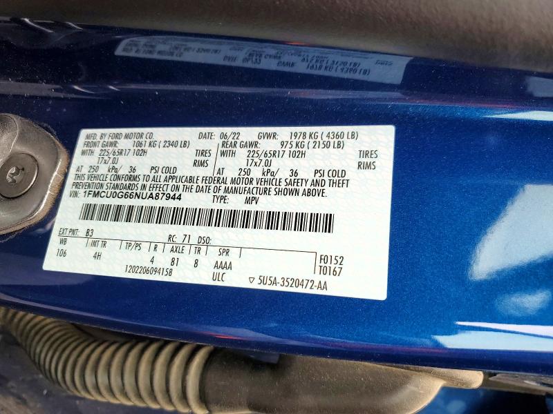 Продаж на аукціоні авто 2022 Ford Escape, vin: 1FMCU0G66NUA87944, номер лоту: 47995736