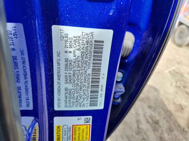 47419156 :رقم المزاد ، 1HGCV1F39JA074729 vin ، 2018 Honda Accord مزاد بيع
