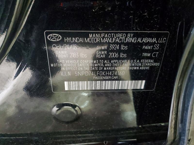 2019 Hyundai Elantra მანქანა იყიდება აუქციონზე, vin: 5NPD74LF0KH424160, აუქციონის ნომერი: 46435996