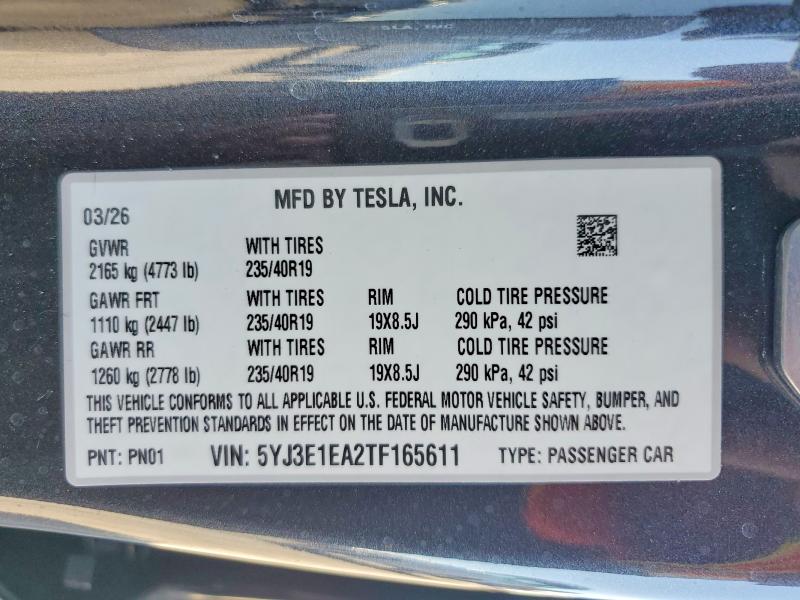 46959556 :رقم المزاد ، 5YJ3E1EA2TF165611 vin ، 2026 Tesla Model 3 مزاد بيع