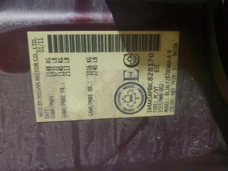 48125676 :رقم المزاد ، 1N4AA5AP8BC828170 vin ، 2011 Nissan Maxima مزاد بيع