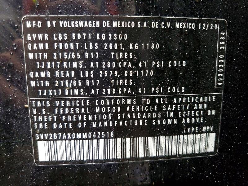2021 Volkswagen Tiguan მანქანა იყიდება აუქციონზე, vin: 3VV2B7AX0MM042518, აუქციონის ნომერი: 46153576