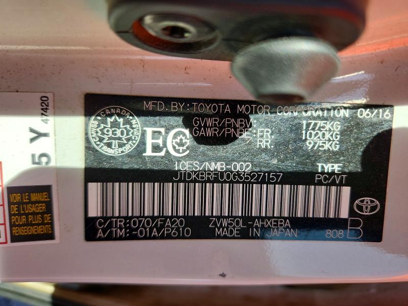 2016 Toyota Prius მანქანა იყიდება აუქციონზე, vin: JTDKBRFU0G3527157, აუქციონის ნომერი: 41695016