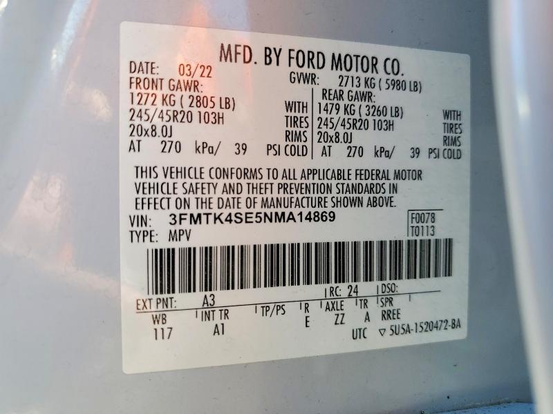 Продажа на аукционе авто 2022 Ford Mustang Mach-e, vin: 3FMTK4SE5NMA14869, номер лота: 47872296