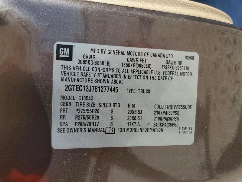 2008 Gmc Sierra მანქანა იყიდება აუქციონზე, vin: 2GTEC13J781277445, აუქციონის ნომერი: 42071096
