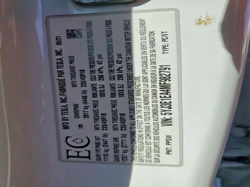 47536676 :رقم المزاد ، 5YJ3E1EA4MF982791 vin ، 2021 Tesla Model 3 مزاد بيع