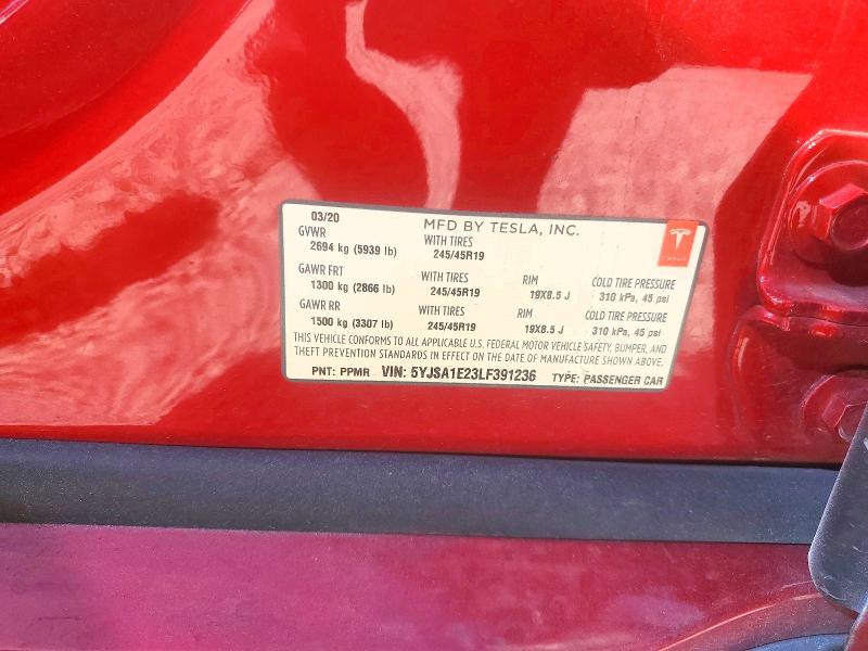 45501196 :رقم المزاد ، 5YJSA1E23LF391236 vin ، 2020 Tesla Model S مزاد بيع