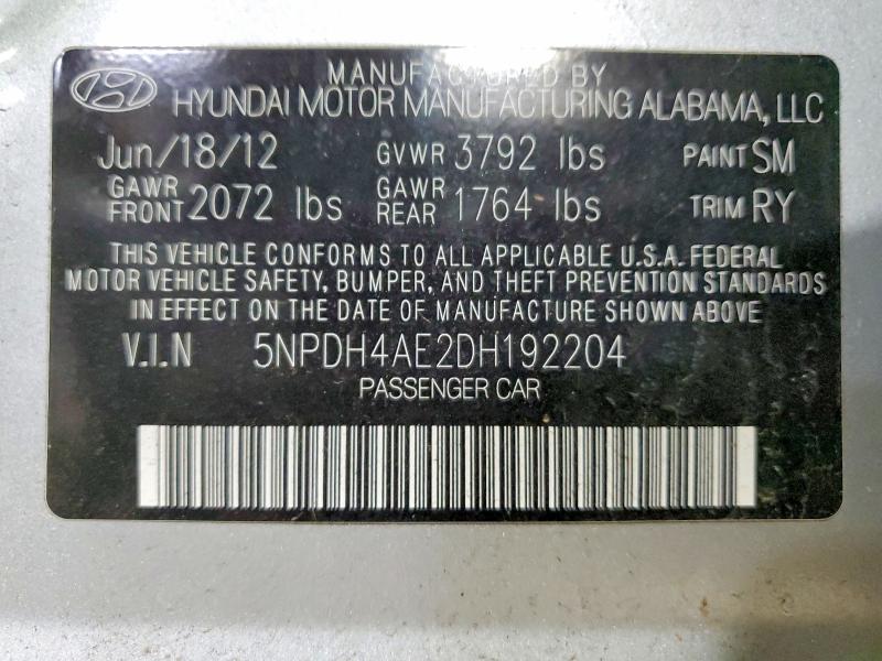 2013 Hyundai Elantra მანქანა იყიდება აუქციონზე, vin: 5NPDH4AE2DH192204, აუქციონის ნომერი: 47306236
