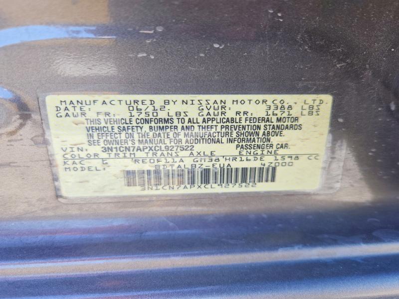 Aukcja sprzedaży 2012 Nissan Versa, vin: 3N1CN7APXCL927522, numer aukcji: 45525186