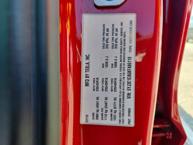 2019 Tesla Model 3 მანქანა იყიდება აუქციონზე, vin: 5YJ3E1EA5KF486119, აუქციონის ნომერი: 47348726