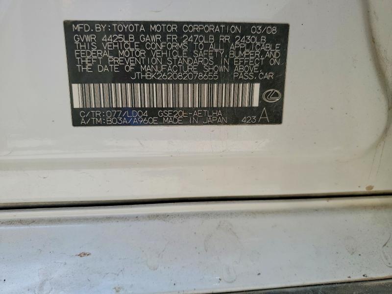 Aukcja sprzedaży 2008 Lexus Is 250, vin: JTHBK262082078655, numer aukcji: 47942146