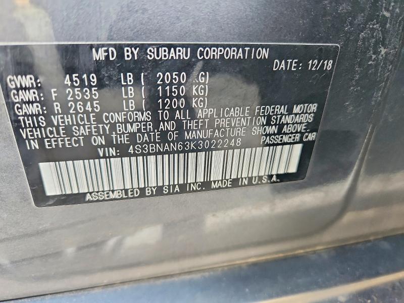 79956845 :رقم المزاد ، 4S3BNAN63K3022248 vin ، 2019 Subaru Legacy مزاد بيع