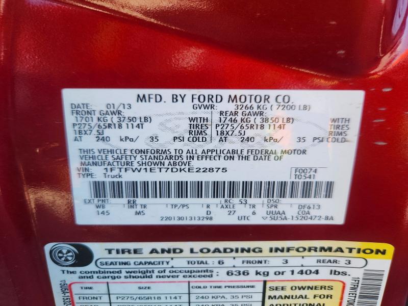 46114726 :رقم المزاد ، 1FTFW1ET7DKE22875 vin ، 2013 Ford F150 مزاد بيع