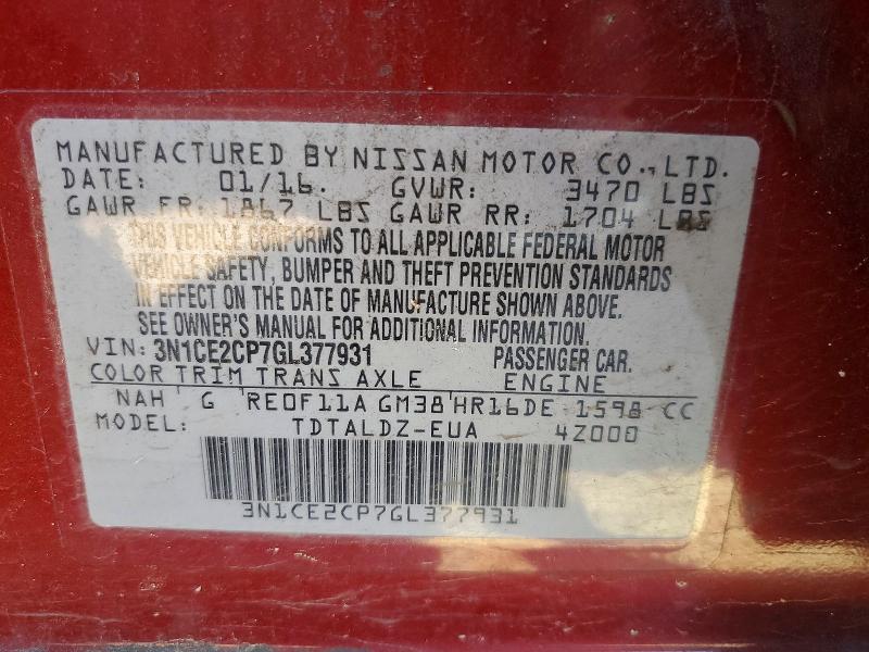 46723936 :رقم المزاد ، 3N1CE2CP7GL377931 vin ، 2016 Nissan Versa Note مزاد بيع