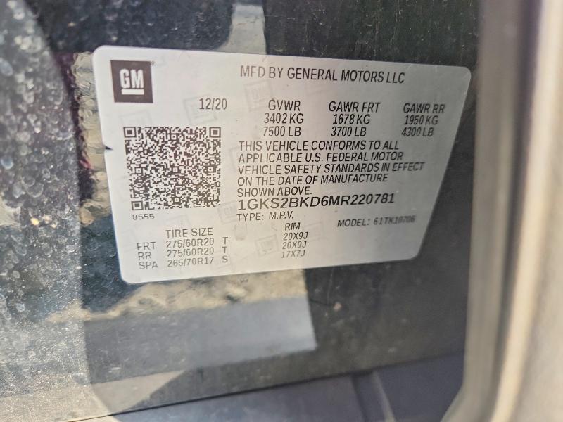 2021 Gmc Yukon მანქანა იყიდება აუქციონზე, vin: 1GKS2BKD6MR220781, აუქციონის ნომერი: 79739265