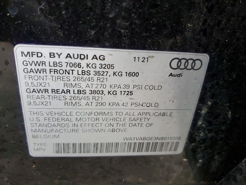 2022 Audi Etrn Chronos მანქანა იყიდება აუქციონზე, vin: WA1VABGE3NB015338, აუქციონის ნომერი: 46033736