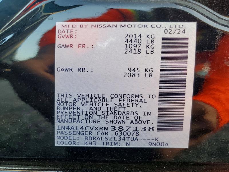 Продаж на аукціоні авто 2024 Nissan Altima, vin: 1N4AL4CVXRN387138, номер лоту: 45849906