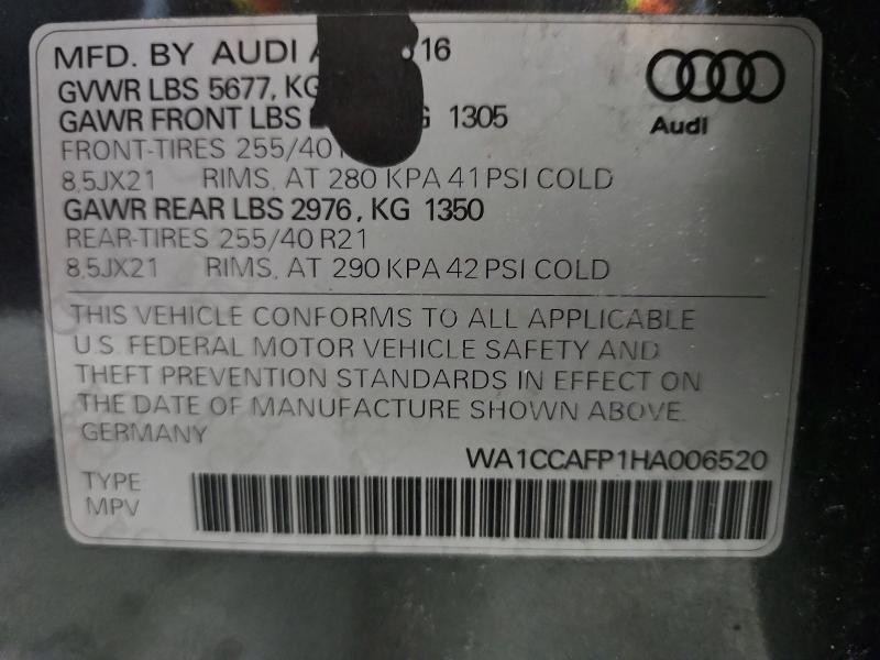 2017 Audi Sq5 მანქანა იყიდება აუქციონზე, vin: WA1CCAFP1HA006520, აუქციონის ნომერი: 46909386
