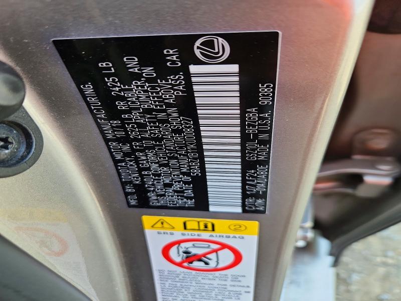 48222886 :رقم المزاد ، 58ABZ1B11KU008327 vin ، 2019 Lexus Es 350 مزاد بيع