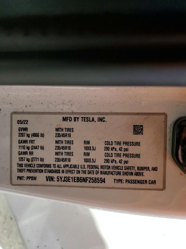 Продажа на аукционе авто 2022 Tesla Model 3, vin: 5YJ3E1EB6NF258594, номер лота: 79205685
