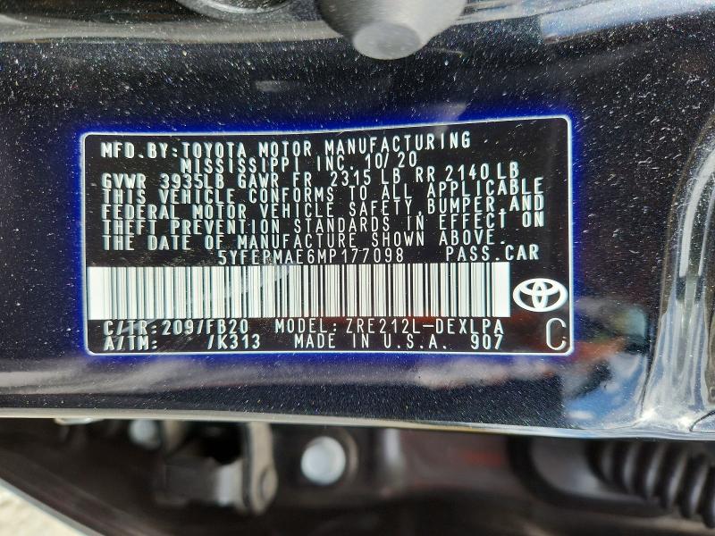 Продаж на аукціоні авто 2021 Toyota Corolla, vin: 5YFEPMAE6MP177098, номер лоту: 48167056