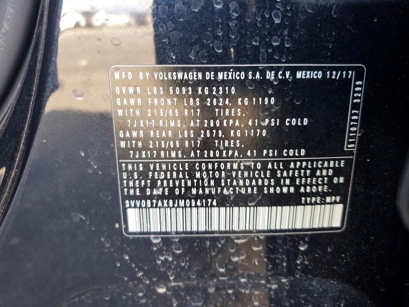 Aukcja sprzedaży 2018 Volkswagen Tiguan, vin: 3VV0B7AX8JM094174, numer aukcji: 78672755