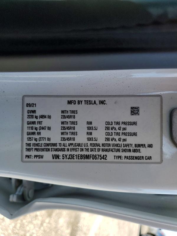 Aukcja sprzedaży 2021 Tesla Model 3, vin: 5YJ3E1EB9MF067542, numer aukcji: 47189456