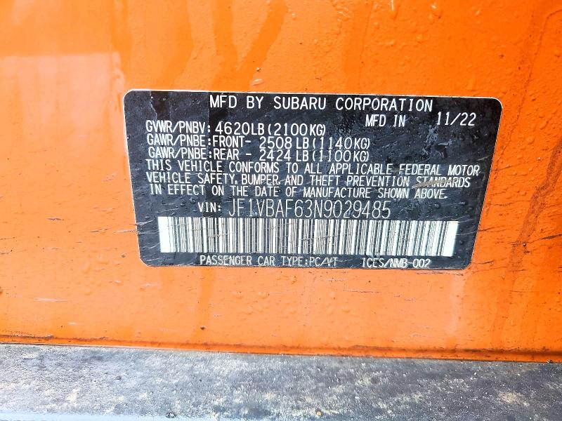 Aukcja sprzedaży 2022 Subaru Wrx, vin: JF1VBAF63N9029485, numer aukcji: 79887625