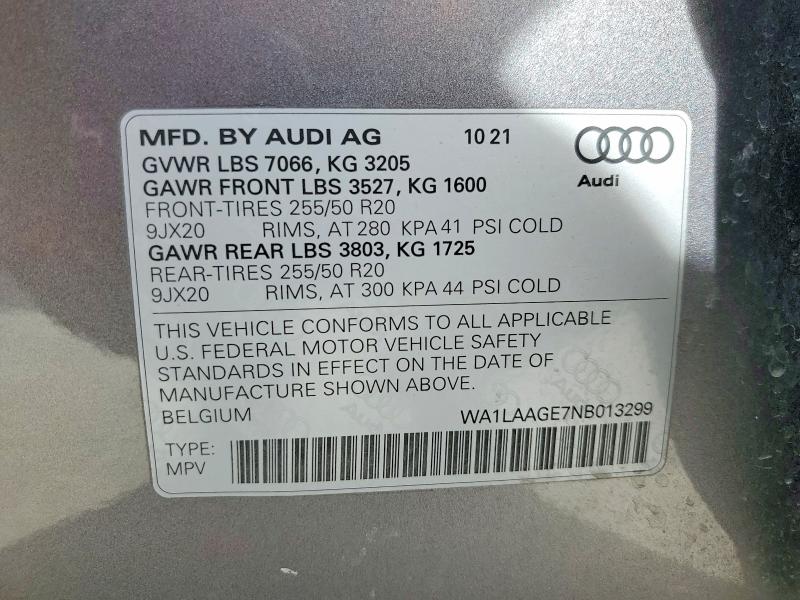 45935816 :رقم المزاد ، WA1LAAGE7NB013299 vin ، 2022 Audi E-tron مزاد بيع