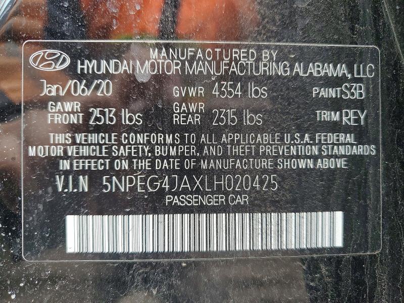 Auction sale of the 2020 Hyundai Sonata, vin: 5NPEG4JAXLH020425, lot number: 41870366