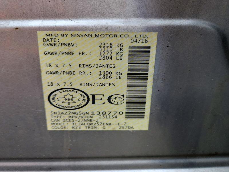 46316206 :رقم المزاد ، 5N1AZ2MG5GN138770 vin ، 2016 Nissan Murano مزاد بيع