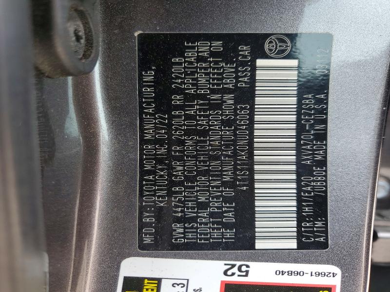 2022 Toyota Camry მანქანა იყიდება აუქციონზე, vin: 4T1S11AK0NU046063, აუქციონის ნომერი: 47947296