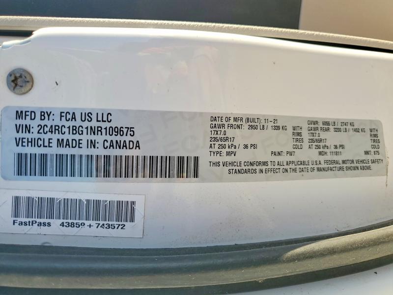 47412546 :رقم المزاد ، 2C4RC1BG1NR109675 vin ، 2022 Chrysler Pacifica مزاد بيع