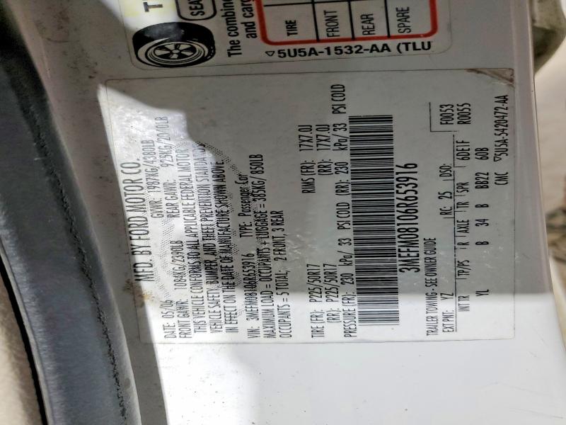46871976 :رقم المزاد ، 3MEFM08106R653916 vin ، 2006 Mercury Milan مزاد بيع