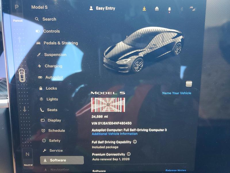 45818286 :رقم المزاد ، 5YJSA1E64NF480450 vin ، 2022 Tesla Model S مزاد بيع