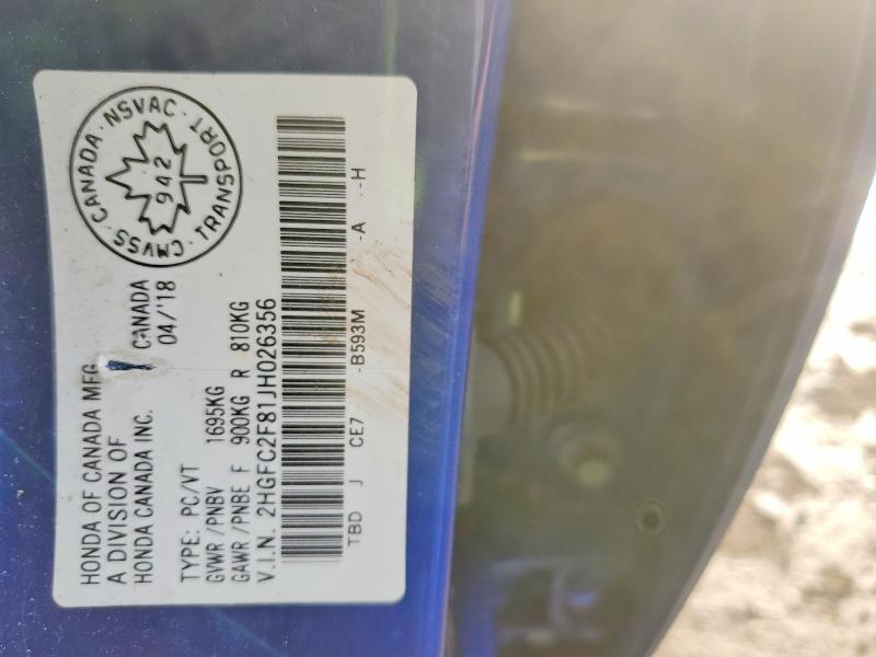Продажа на аукционе авто 2018 Honda Civic, vin: 2HGFC2F81JH026356, номер лота: 79356645