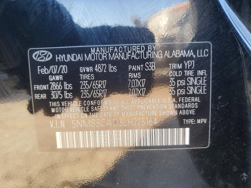 Продаж на аукціоні авто 2020 Hyundai Santa Fe, vin: 5NMS3CAD3LH225164, номер лоту: 46245496