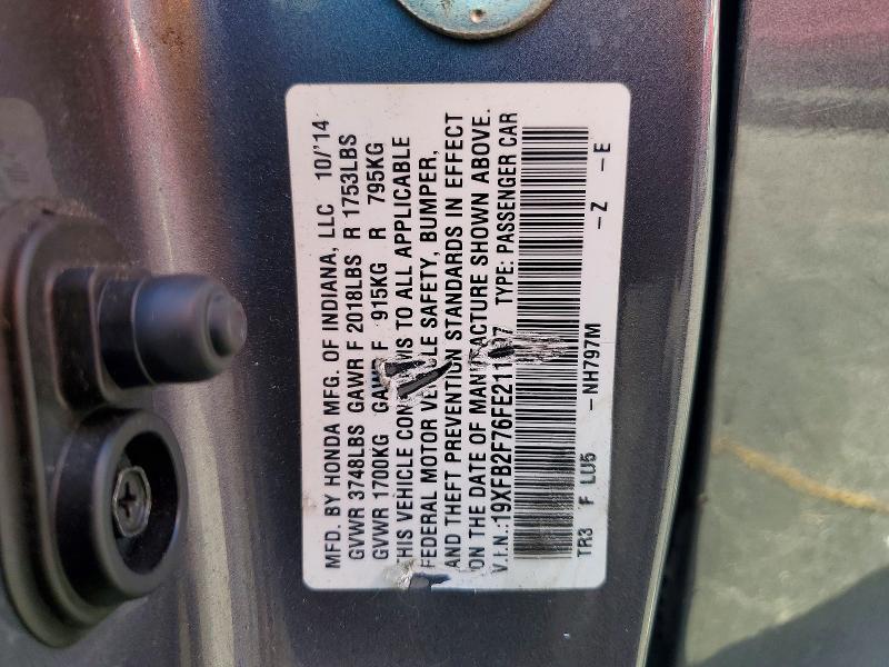 Продаж на аукціоні авто 2015 Honda Civic, vin: 19XFB2F76FE211997, номер лоту: 46714706